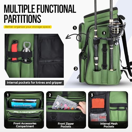 Fishing Backpack with Rod Holders 4 Tackle Boxes (Green)