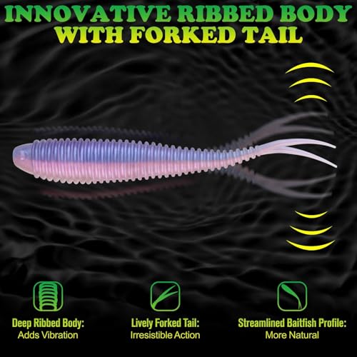 Soft Plastic Baits Forked Tail Fishing Soft Bait for Bass Walleye Trout Crappie Lures Morning Dawn (Morning Dawn / 3.5in-30pcs)