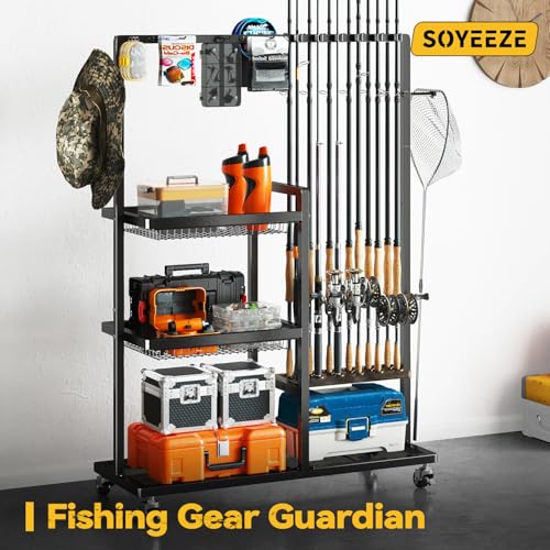 Fishing Rod Holders for Garage (Black / Standard with baskets)