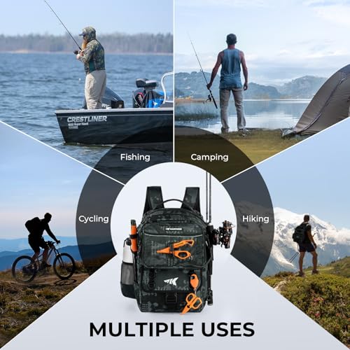 BaitSpace 50L Fishing Backpack with 2 Rod Holders (F: Black Camo / Without tackle box)