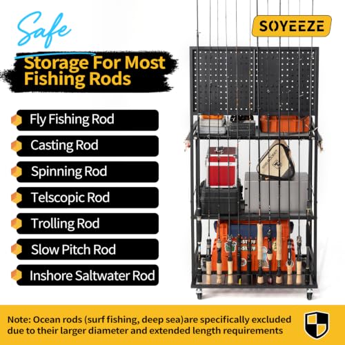Fishing Rod Holders for Garage (Black-8 Hooks / 3-side fence large)