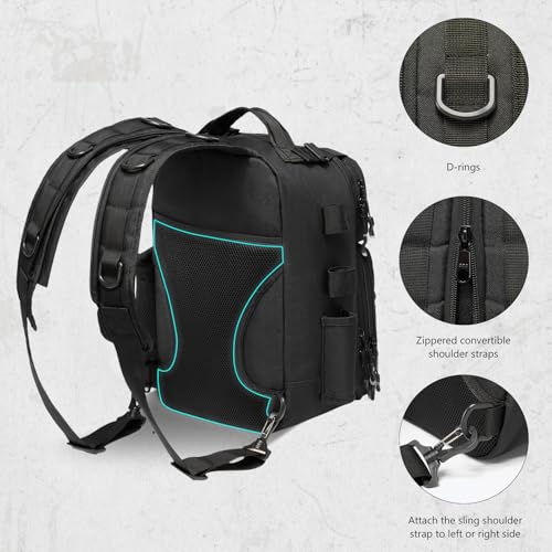 Convertible Fishing Backpack Sling Bag with Rod Holder (Black / Large)