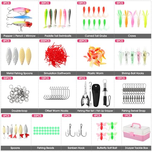 3 Layers Fishing Tackle Box 414 Pcs Fishing Gift Lures Gear Kit with Tackle Included Pliers Lip Gripper Bait Hook Accessories for Beginner Fisherman Women Men (Pink)