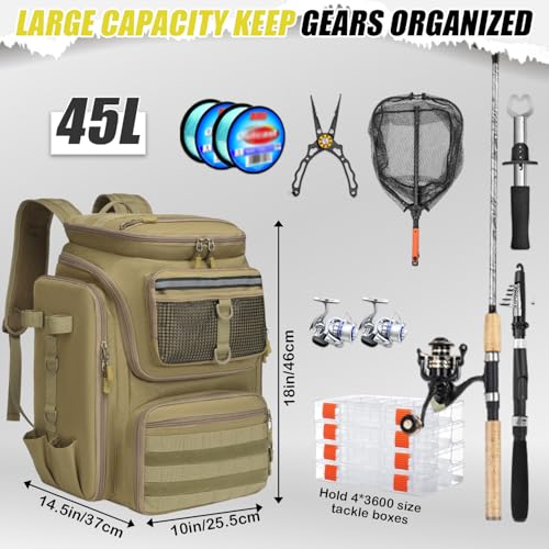 45L Fishing Backpack with Rod Holders 4 Tackle Boxes (Brown (4 Tackle Boxes Included))
