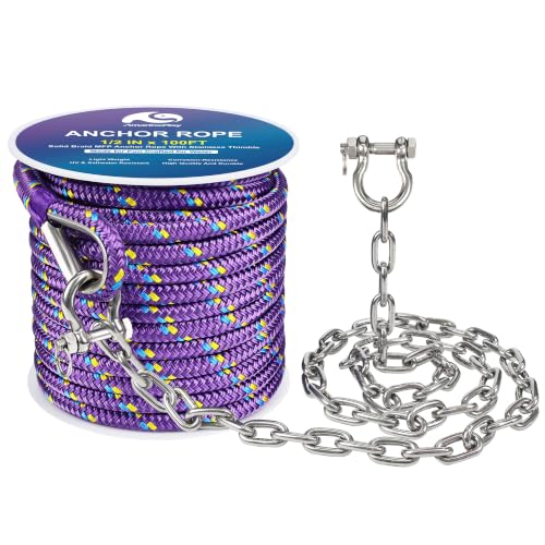 Boat Anchor Chain and Rope Kit (1/2 Inch 100 FT Rope with 1/4Inch 6FT Chain)