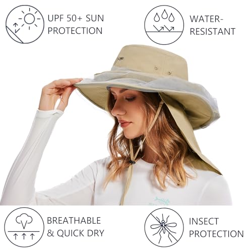 UPF 50+ Mosquito Net Hat with Stowable Neck Flap for Men Women Outdoor Fishing Hiking Camping Gardening FH17 Khaki (Medium / Khaki)