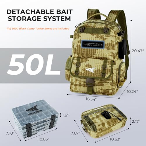 BaitSpace 50L Fishing Backpack with 4 Tackle Boxes (D: Khaki Camo / With (4) 3600 tackle boxes)