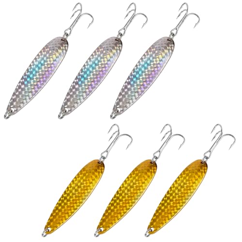 6 Pcs Crocodile Fishing Spoons with Heavy Duty Treble Hooks Saltwater Freshwater Fishing Lures Spoons for Tuna Bass Salmon Trout Walleye Pompano Mackerel Bluefish Casting