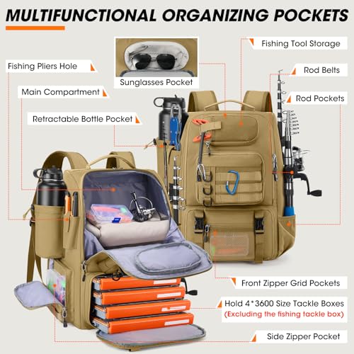 Fishing Backpack 40L Tackle Backpack with Rod Holders & Cooler (Khaki)