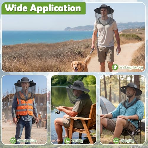 Mosquito Hat with Net 2 Solar Fan Wide Brim Bug Sun Hat Netting UPF 50+ for Fishing Hiking Garden