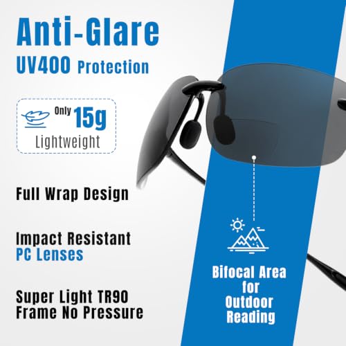 Lightweight Wrap Around Fishing (Black Frame/Grey Lens / +2.50 Bifocal)