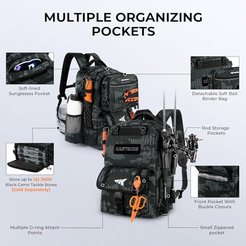 BaitSpace 50L Fishing Backpack with 2 Rod Holders (F: Black Camo / Without tackle box)