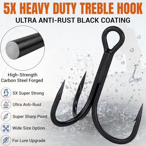 Heavy Duty Treble Hooks 5X Strong Saltwater Lure Fishing Hooks (Black / 2#-24Pcs)