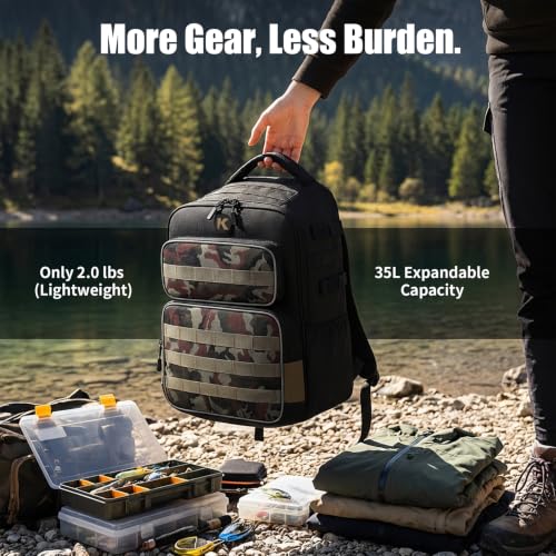 Fishing Backpack with Rod Holder Lightweight Water Resistant Tackle Backpack for Freshwater or Saltwater Large Storage High