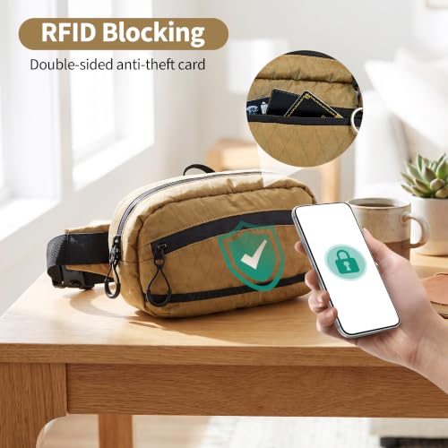 RFID Blocking Fanny Packs for Women and Men Waterproof Crossbody Waist Pack (Khaki)