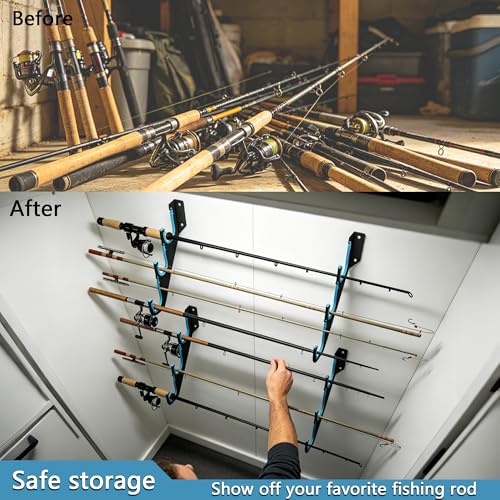 Fishing Rod Holders & Pole Holders for Garage (Blue 2Pack 3-Holder (6 Rods))