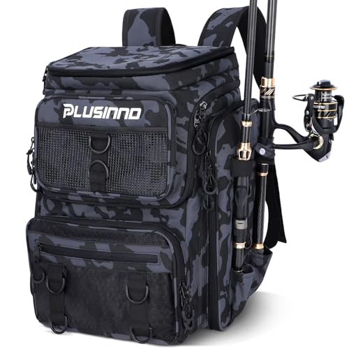 Fishing Tackle Backpack with Rod Holders (Black Camouflage.)