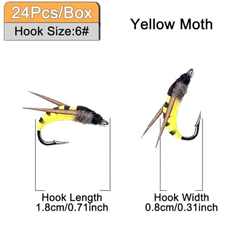 24Pcs Fly Fishing Flies Trout Lures Fishing Tackle Fly Fishing Flies with Boxed Trout Bass Artificial Fish Bait (24Pcs-Yellow Moth)