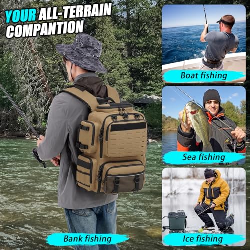 Tactical Fishing Backpack with 4 Tackle Boxes (Brown)
