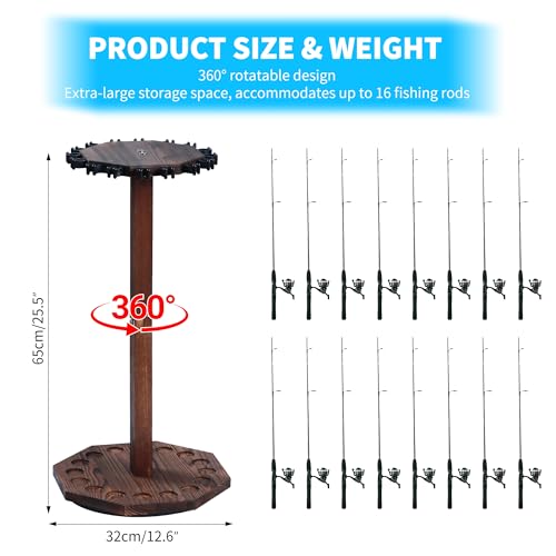 360° Rotating Natural Wood Fishing Rod Holder (Round / Brown)