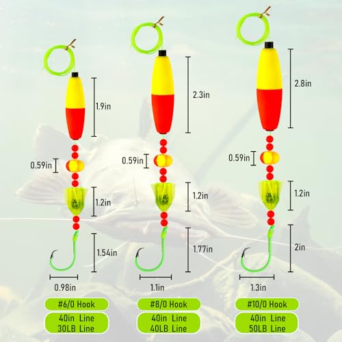 5 Pack Catfish Bait Float Rigs Kit (6/0 Hook - 30LB Line)