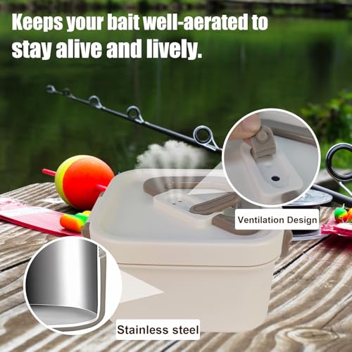 Fishing Bait Container Organizer with Handle Insulated Breathable Live Bait Box Stainless Steel Worm Storage Tank for Nightcrawlers Keeps Bait Fresh and Alive (square 700ml)