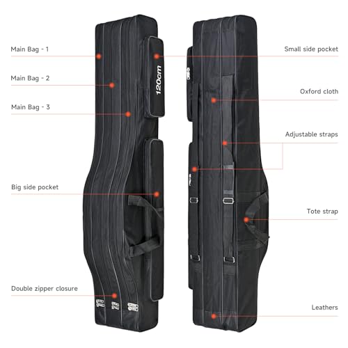 Portable 3 Layers Fishing Pole Bag Durable Oxford Folding Fishing Rod Reel Carry Case Tackle Storage Bag Case Waterproof Camouflage Travel Fishing Carrier (Black / 120cm/47")