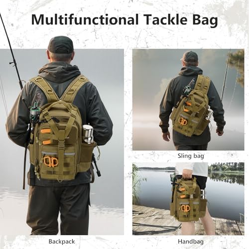 Convertible Fishing Backpack Sling Bag with Rod Holder (Brown Khaki / Standard)