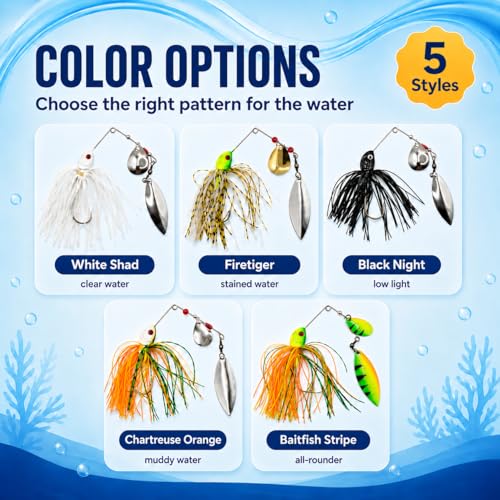 Fishing Spinner Lures (multi color 5pk (white, Black, 2 Green, Yellow)