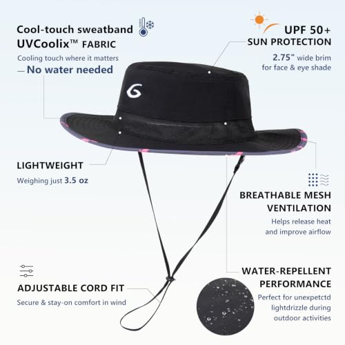UvCoolix™ Cooling Sweatband Bucket Sun Hat Wide Brim UV Protection Lightweight Breathable Outdoor Beach Hiking Keep You Cool (Medium-Large / Black-pink Shark)