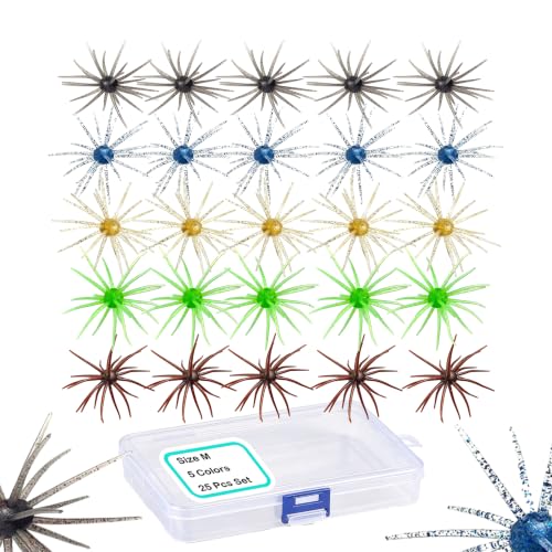 25Pcs Sea Urchin Bait Soft Plastic Baits (25Pcs Medium Features 6 Flash Colors: Flash Red, Flash Blue, Flash Gold, Flash Green, Flash Brown and Transparent Glitter Style)