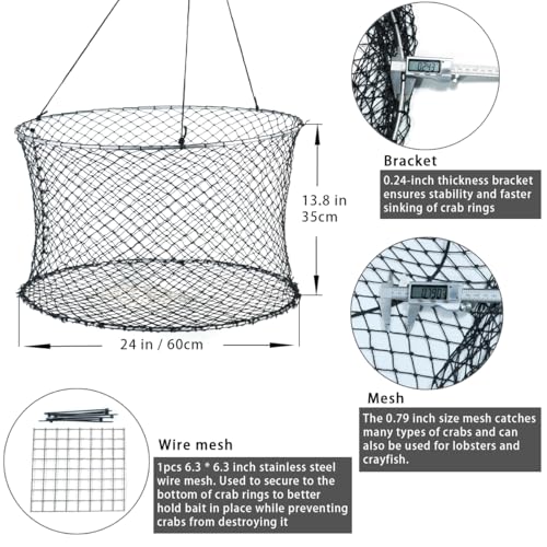 Crab Ring Trap Two Ring Crab Kit with Harness and Bait Clip Fishing Crabbing Net for Board Kayak Dock and Pier Net 24 * 24 * 13.78 in 1PCS (24*24*13.78 IN / 61*61*35 cm)
