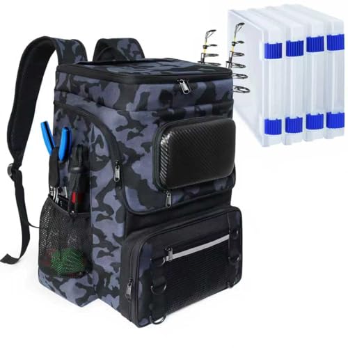 Fishing Backpack with Rod Holder (Camo Black with 4 Tackle Boxes)