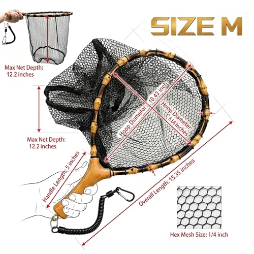 Floating Handcrafted Bamboo Fly Fishing Landing Net (Middle / Straight Handlebar / Glued mesh)