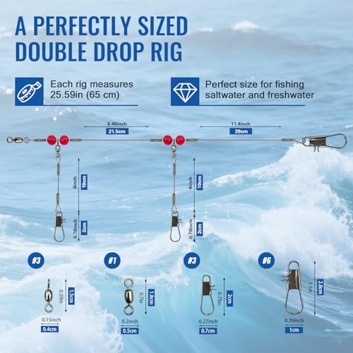 Double Drop Saltwater Fishing Rig (Double Drop Rig-24Pack- White / Wire)