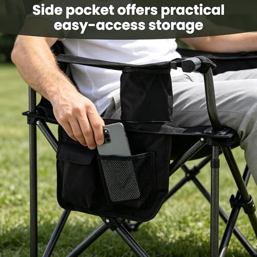 Portable Padded Camping Chair for Adults Heavy Duty 450LBS Thick 600D Oxford Fabric Outdoor Oversized Camping Chairs with Cup Holder and Ice Bag for Sports