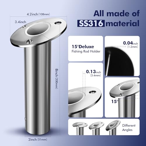 2Pcs Rod Holders for Fishing Boat (Silver - White Insert / 15 Degree without Cap)