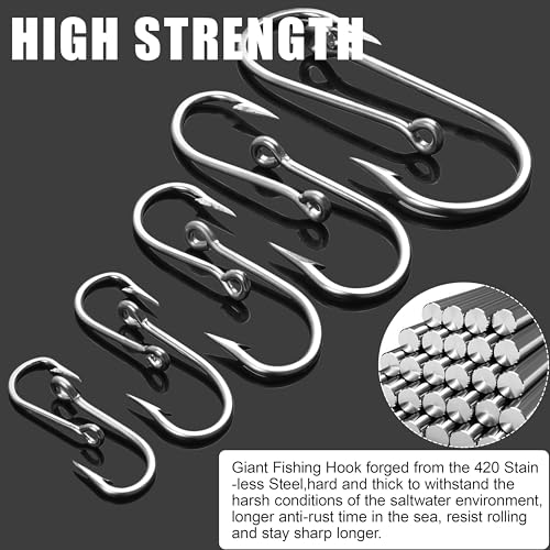 Large Giant Shark and Alligator Hooks Saltwater Big Game Stainless Steel J Hooks Extra Strong Large Sea Fishing Hook for Shark Swordfish Tuna Catfish Size 8 (8/0-8pcs)