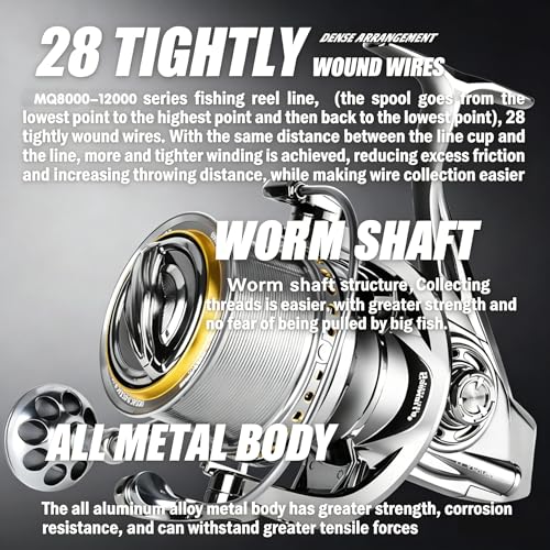Heavy Duty Spinning Reel Metal Body with CNC Machined Spool 55LB Max Drag 8+1 BB Ultra Smooth 4.6 (MQ10000 / Large)