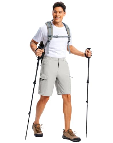 Men's Hiking Cargo Shorts 9" Lightweight Quick Dry 6 Pockets (Large / Light Grey)