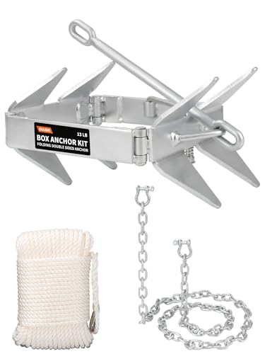13 LB Box Anchor Kit with 100 FT Nylon Rope & Anchor Chain (13 LB - for Boats Up to 24 FT)