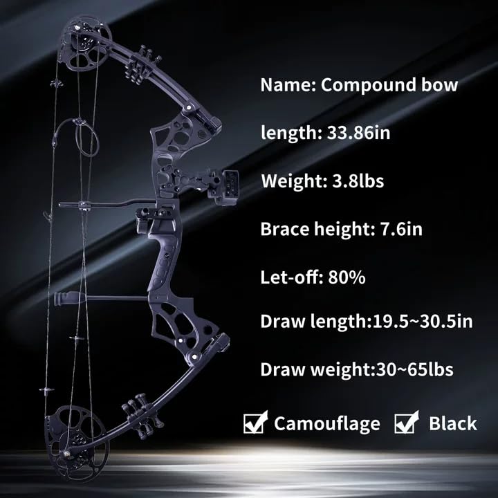 30 65LBS Compound Bow、Bow Fishing Combo Kit、Fishing Bow and Arrow with Reel