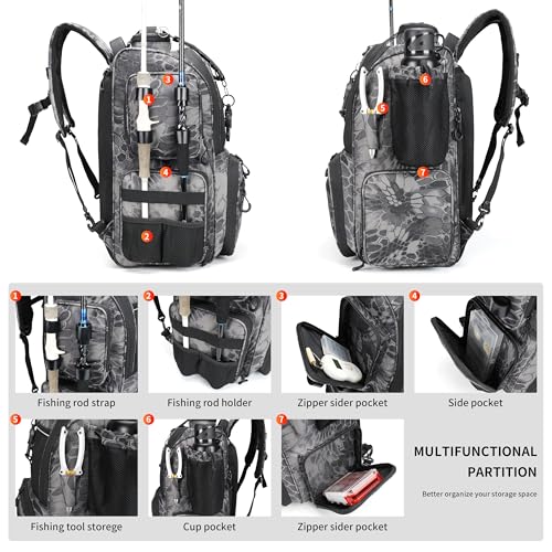 Fishing Tackle Backpack with Rod Holders (Camouflage Black)