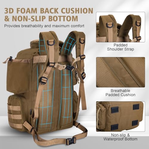 Fishing Tackle Backpack with 2 Rod Holders & Rain Cover (45L Khaki with Bottle Holder)
