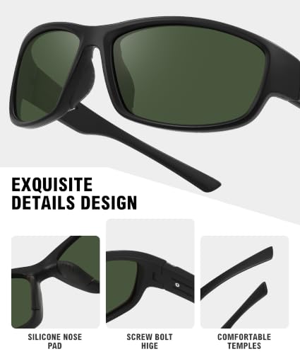 Sports Sunglasses for Men Women Polarized Classic Wrap Around Driving Cycling Golf Fishing Sun Glasses UV Protection 1 (1-black/Dark Green)