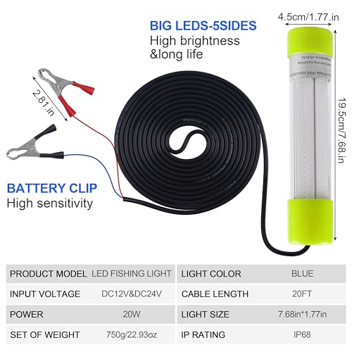 Underwater Fishing Light 20W 16000 Lumens 12V Super Bright LED Submersible Fish Bait Finder Lamp Deep Drop Night Fishing Attracting Light for Snook Crappie Squid Shrimp Prawns Boat Dock