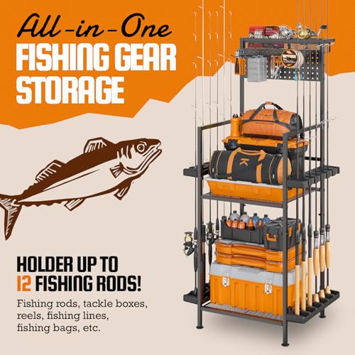 Fishing Rod Holders for Garage with Pegboard & Metal Mesh Basket