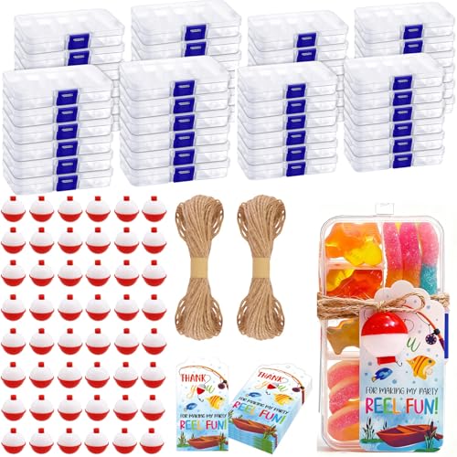 48 Set Fishing Candy Little Tackle Boxes for Birthday Party Favors with 48 Fishing Bobber 48 Thank You Cards for Making My Party Reel Fun Gone Fishing Theme Supplies Fishing Decorations