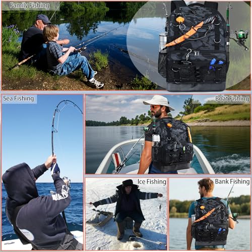 Fishing Backpack with Rod Holder (Black Camo)