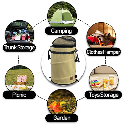 Pop Up Storage Bin Collapsible Trash Can Recycle Container Reusable Utility Bag with Zippered Lid for Camping (khaki color)